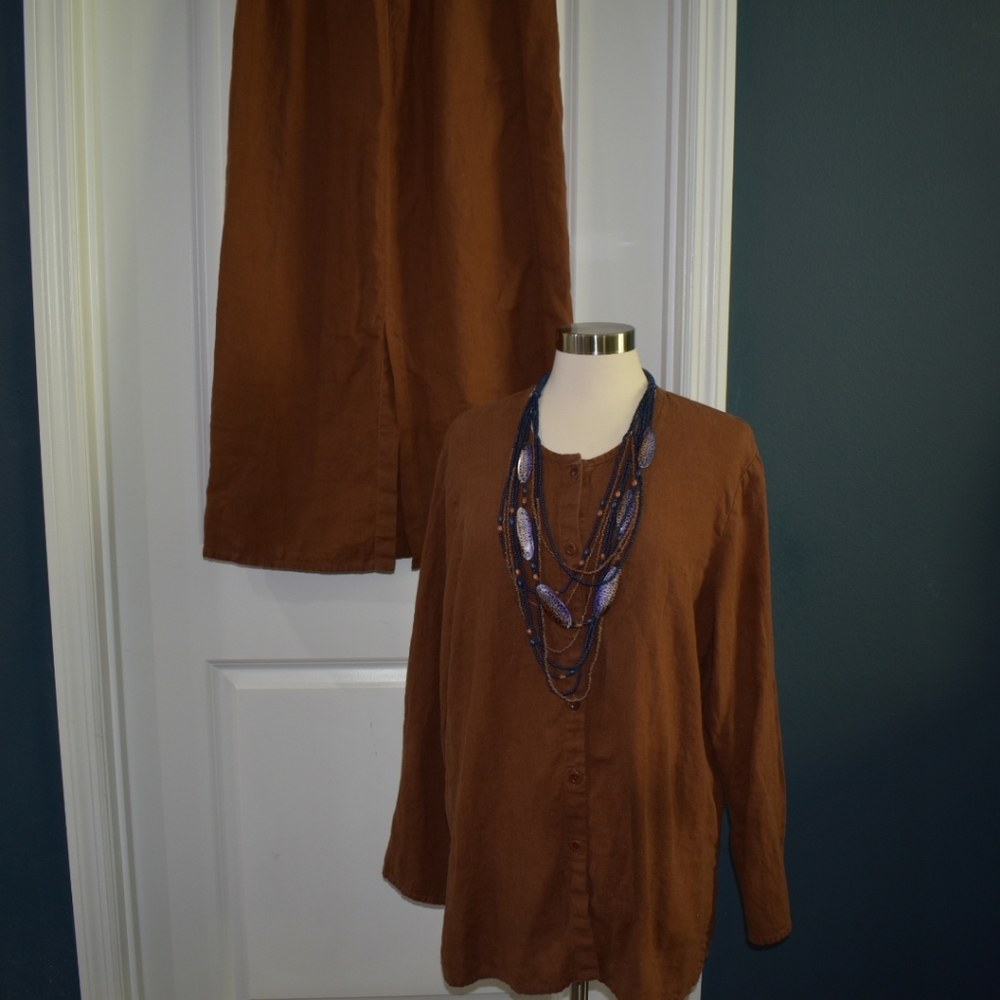 Flax maxi linen skirt and top brown button down